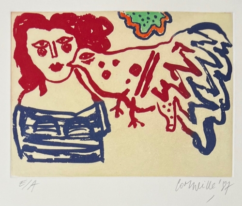 Guillaume Corneille - Gravure gesigneerd : De rode en blauwe vogel, 1987