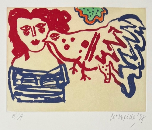 Guillaume Corneille - Signed etching : The blue and red bird, 1987