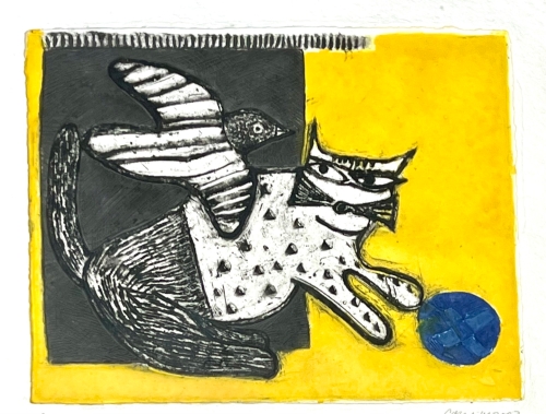 Guillaume Corneille - Aquagravure Le chat  la pelote bleu, 2003