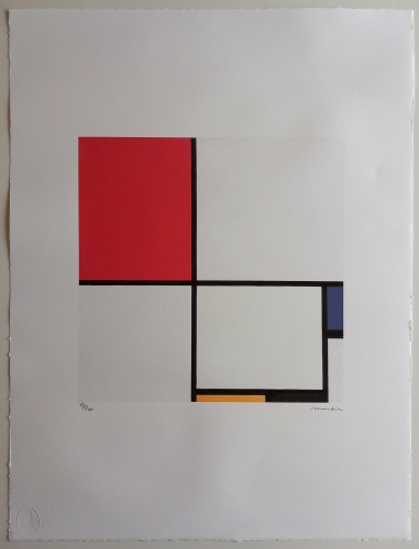 naar piet  Mondriaan  - Composition no. III, met rood, blauw, geel en zwart