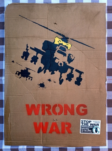 Banksy (attributed)  - Cardboard 'Yellow Chopper Wrong War' Anti Iraq War London Demonstration 2003 (#0486)