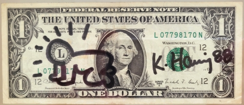 Keith Haring (after) - Getekend en gesigneerd $ dollar biljet