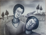 Two heads with bird