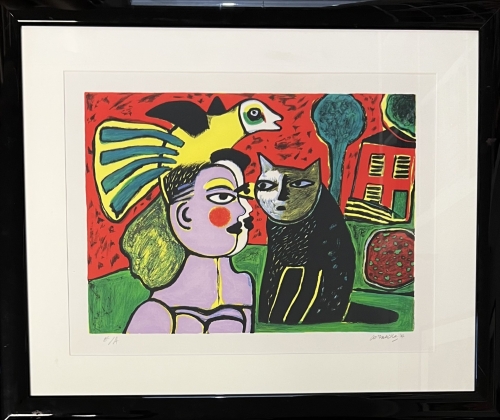 Guillaume Corneille - Lithographie signe : Femme, chat et Oiseau, 2002, encadre!