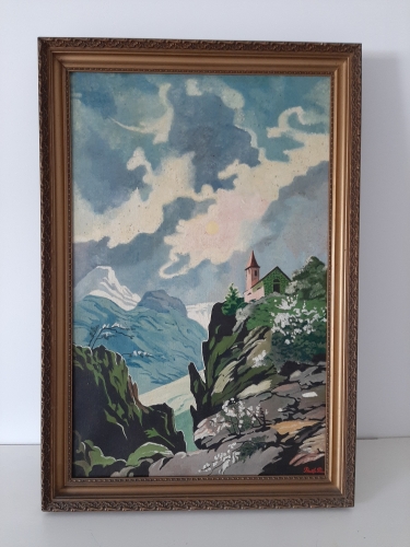 Kunstenaar onbekend - Kerkje in berglandschap
