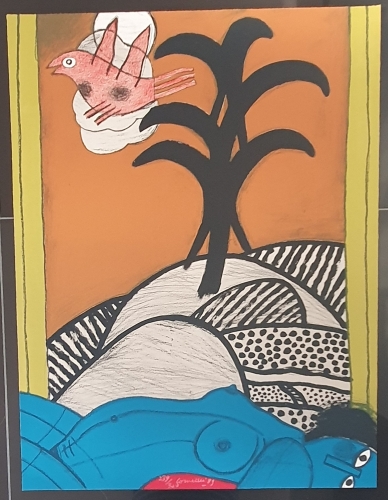 Guillaume Corneille - Liggend naakt en vogel.