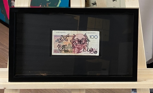 Keith Haring  - Dessin original sur un billet de 100 BEF