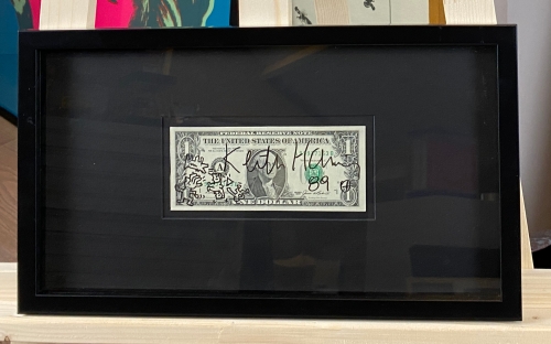 Keith Haring  - Originele tekening op een briefje van 1 dollar