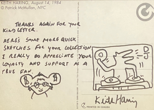 Keith Haring  - Carte photo avec dessin et signature