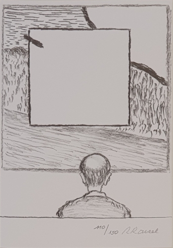 Roger Raveel - Autoportrait devant une vue traversante avec paysage et place.