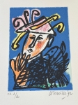 Guillaume Corneille - Ondertekend; Lithografie De clown en de vogel