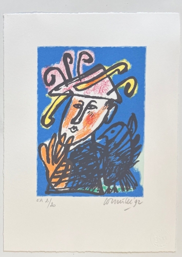 Guillaume Corneille - Ondertekend; Lithografie De clown en de vogel