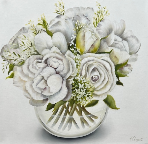 Vinciane Closset - Huile sur toile : Roses Blanches